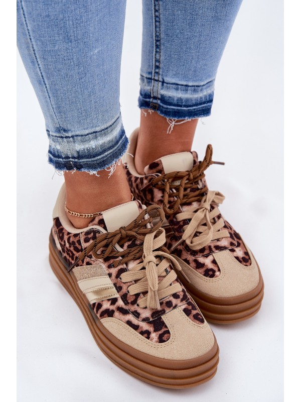 Women's Platform Sneakers With Double Lacing Leopard Beige Niteria