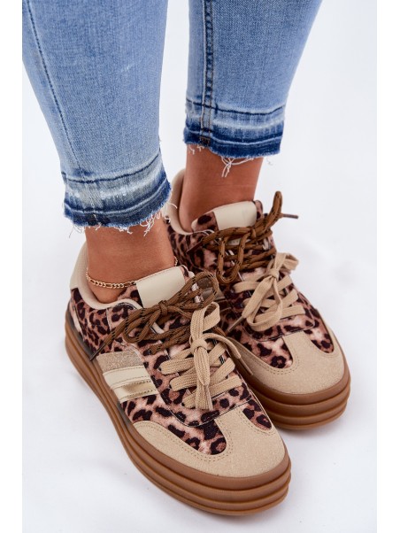 Women's Platform Sneakers With Double Lacing Leopard Beige Niteria