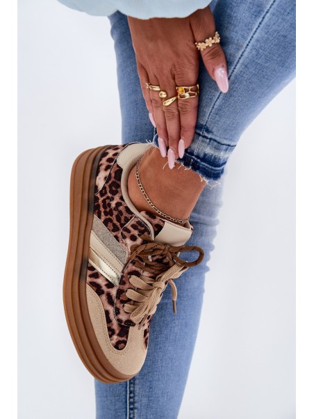 Women's Platform Sneakers With Double Lacing Leopard Beige Niteria