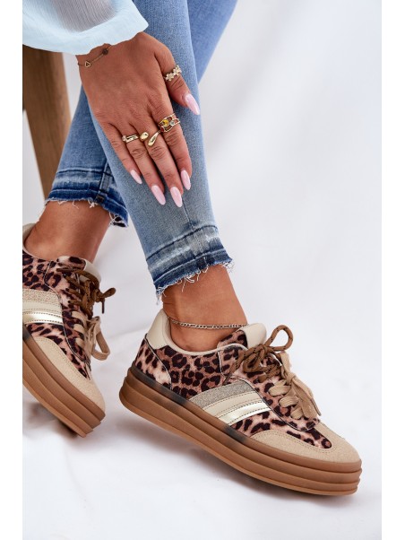 Women's Platform Sneakers With Double Lacing Leopard Beige Niteria