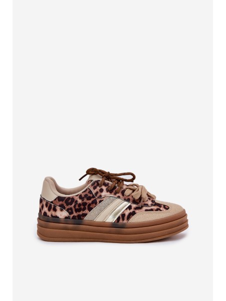 Women's Platform Sneakers With Double Lacing Leopard Beige Niteria