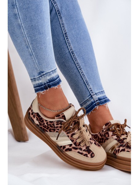Women's Platform Sneakers With Double Lacing Leopard Beige Niteria
