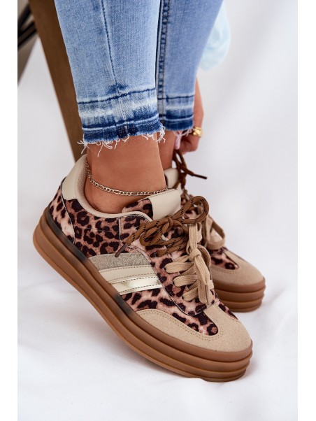 Women's Platform Sneakers With Double Lacing Leopard Beige Niteria