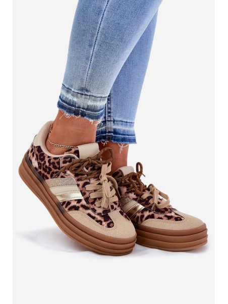 Women's Platform Sneakers With Double Lacing Leopard Beige Niteria