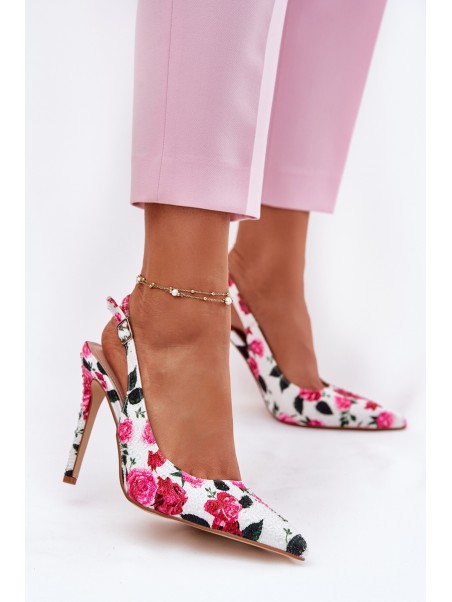 Embellished High Heels Sandals With Roses White Vevessa