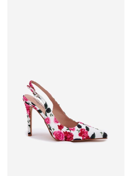 Embellished High Heels Sandals With Roses White Vevessa