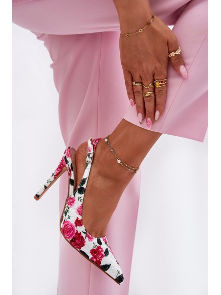Embellished High Heels Sandals With Roses White Vevessa