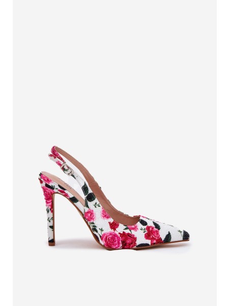 Embellished High Heels Sandals With Roses White Vevessa