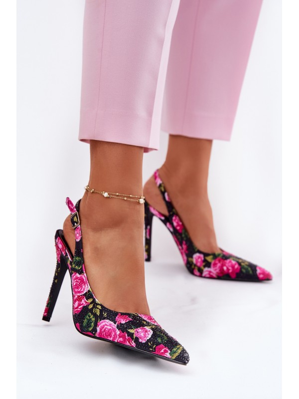 Embellished High Heels Sandals With Roses Black Vevessa