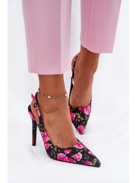 Embellished High Heels Sandals With Roses Black Vevessa