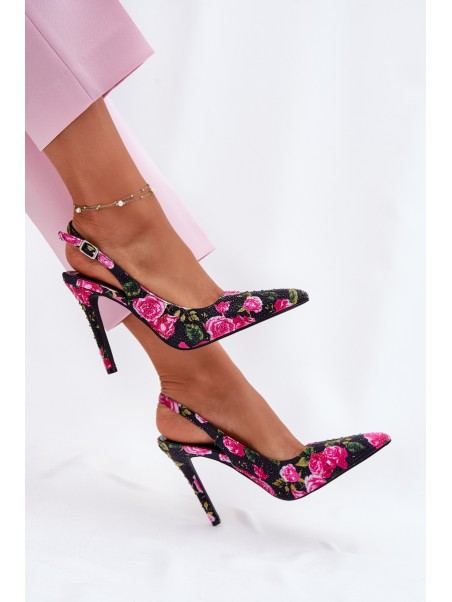 Embellished High Heels Sandals With Roses Black Vevessa