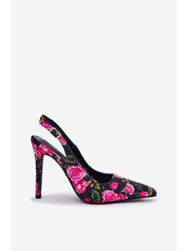 Embellished High Heels Sandals With Roses Black Vevessa