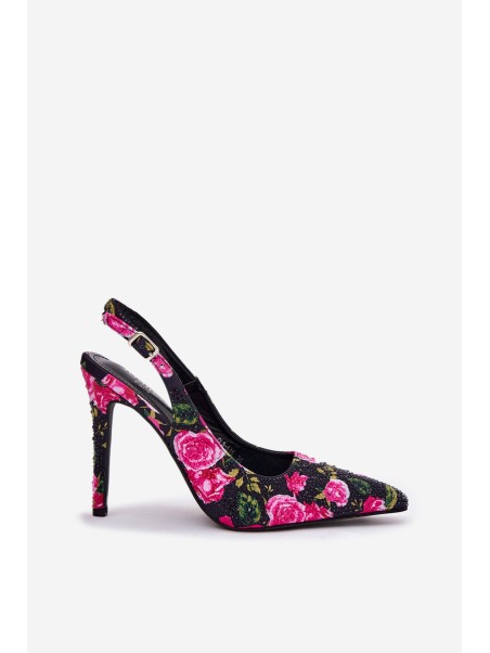 Embellished High Heels Sandals With Roses Black Vevessa