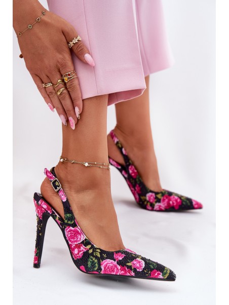 Embellished High Heels Sandals With Roses Black Vevessa