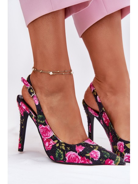 Embellished High Heels Sandals With Roses Black Vevessa