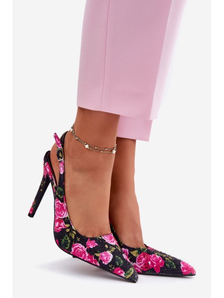 Embellished High Heels Sandals With Roses Black Vevessa