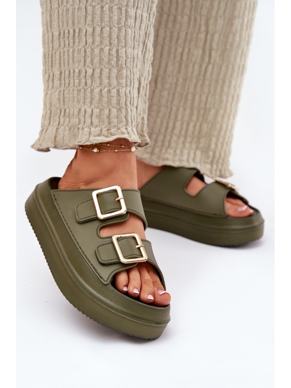 Ladies platform sandals with golden buckles green Zorila