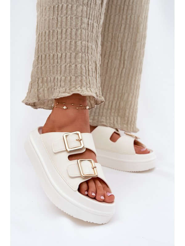 Women's Platform Sandals With Golden Buckles Ecru Zorila