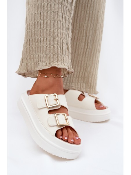 Women's Platform Sandals With Golden Buckles Ecru Zorila