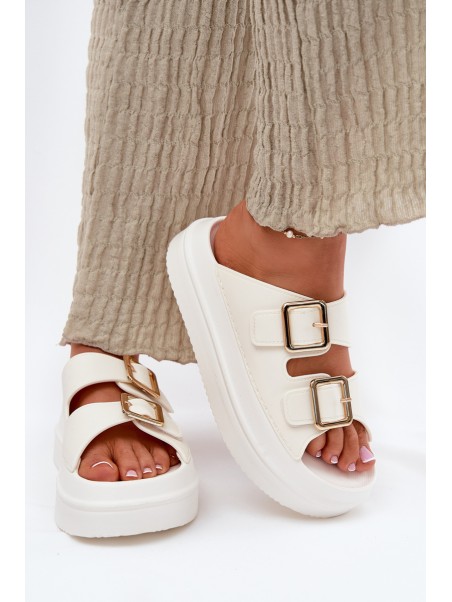 Women's Platform Sandals With Golden Buckles Ecru Zorila