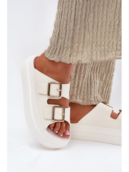 Women's Platform Sandals With Golden Buckles Ecru Zorila