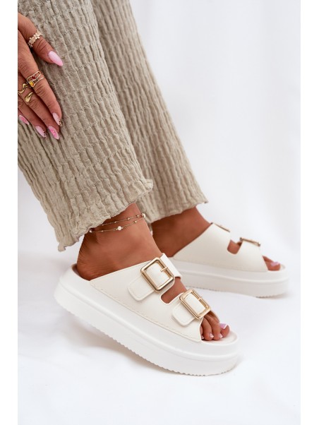 Women's Platform Sandals With Golden Buckles Ecru Zorila