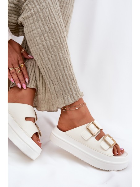 Women's Platform Sandals With Golden Buckles Ecru Zorila