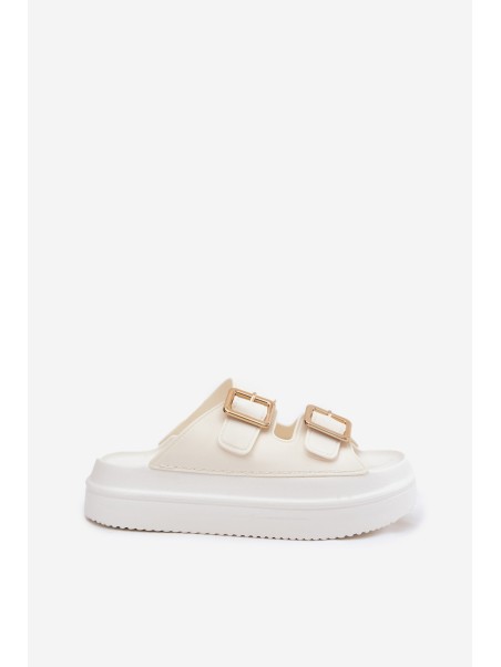 Women's Platform Sandals With Golden Buckles Ecru Zorila