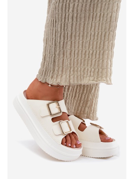 Women's Platform Sandals With Golden Buckles Ecru Zorila