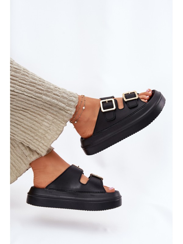Women's Platform Slippers With Golden Buckles Black Zorila