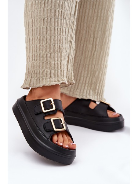 Women's Platform Slippers With Golden Buckles Black Zorila