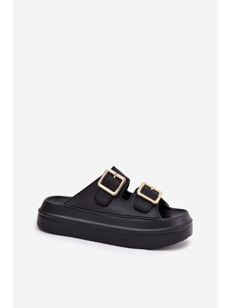 Women's Platform Slippers With Golden Buckles Black Zorila