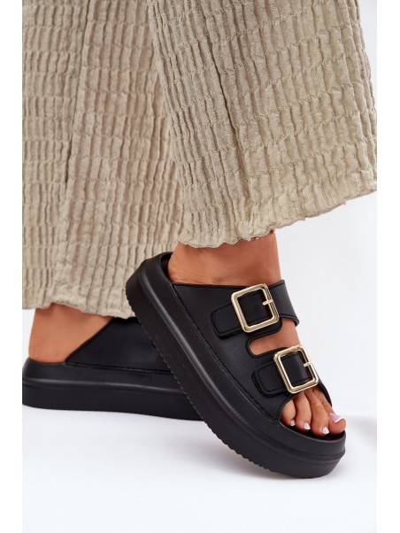 Women's Platform Slippers With Golden Buckles Black Zorila