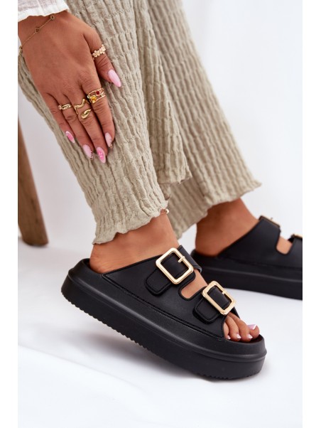 Women's Platform Slippers With Golden Buckles Black Zorila