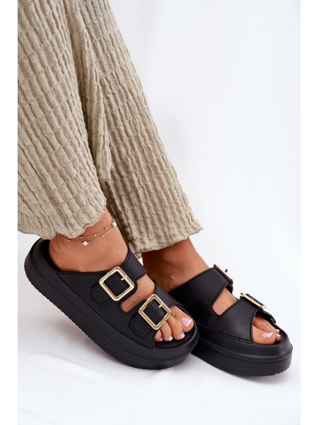 Women's Platform Slippers With Golden Buckles Black Zorila
