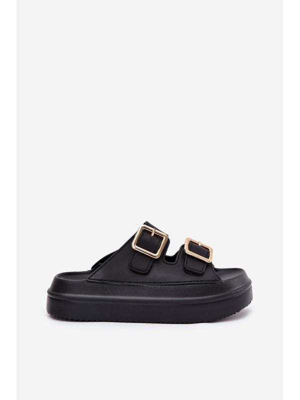 Women's Platform Slippers With Golden Buckles Black Zorila