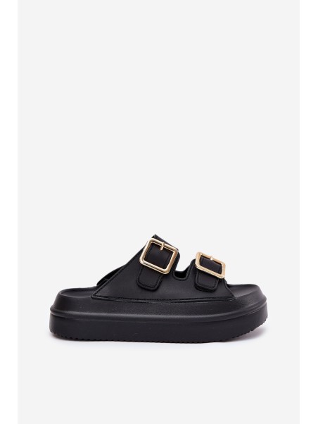 Women's Platform Slippers With Golden Buckles Black Zorila