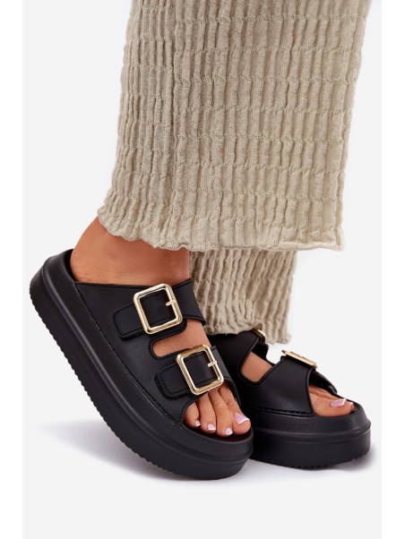 Women's Platform Slippers With Golden Buckles Black Zorila