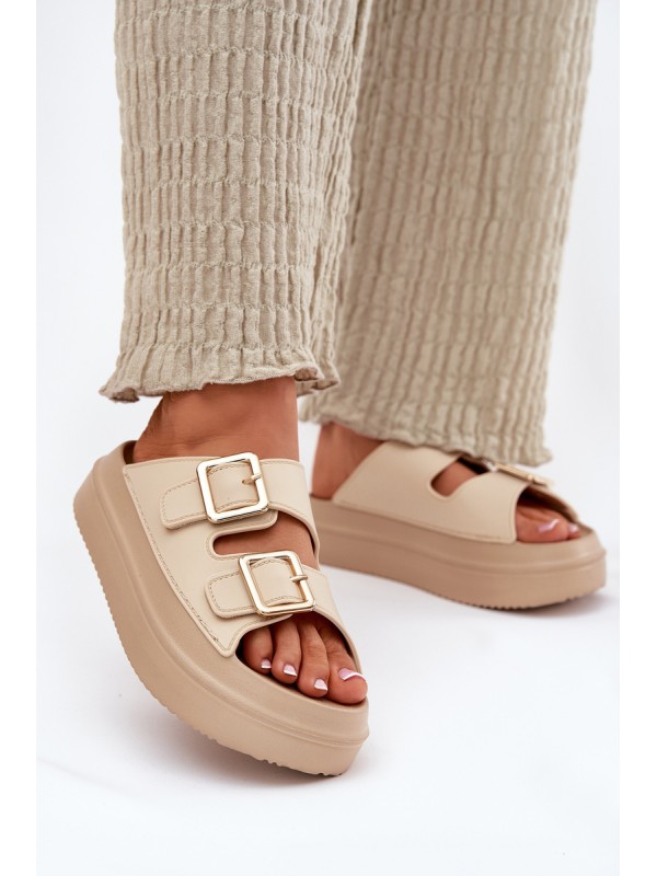 Women's Platform Sandals with Golden Buckles Beige Zorila