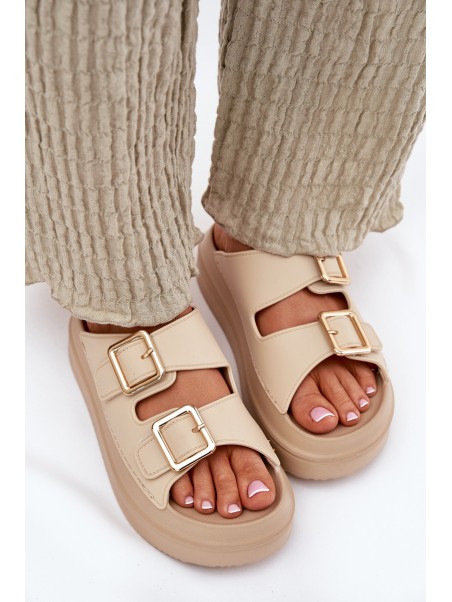 Women's Platform Sandals with Golden Buckles Beige Zorila