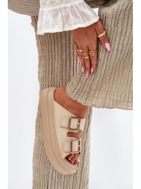 Women's Platform Sandals with Golden Buckles Beige Zorila