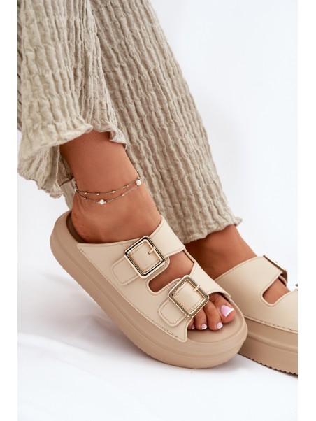Women's Platform Sandals with Golden Buckles Beige Zorila
