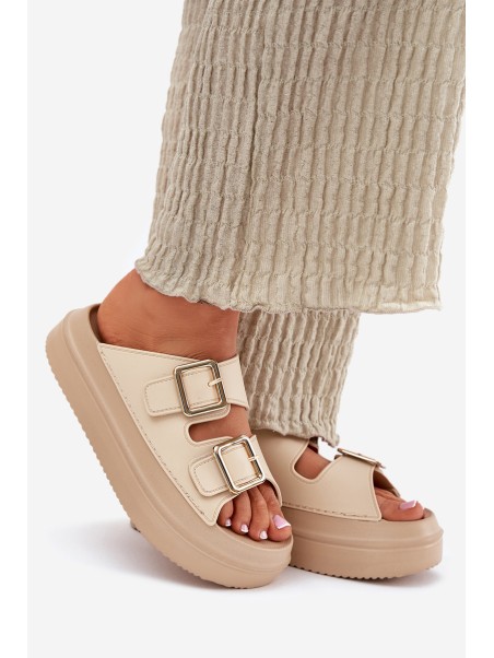 Women's Platform Sandals with Golden Buckles Beige Zorila