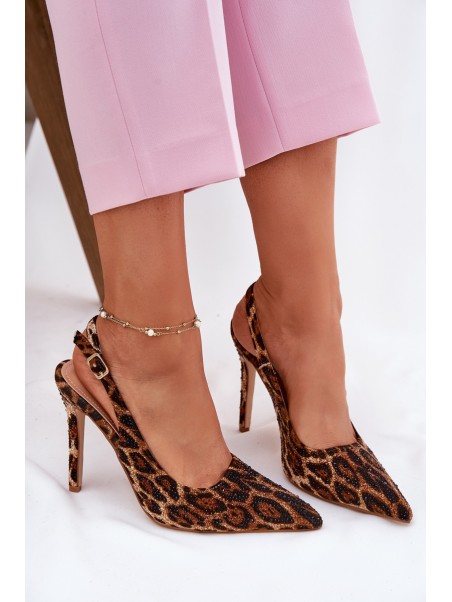 Embellished Stiletto Sandals Leopard Brown Kemonia