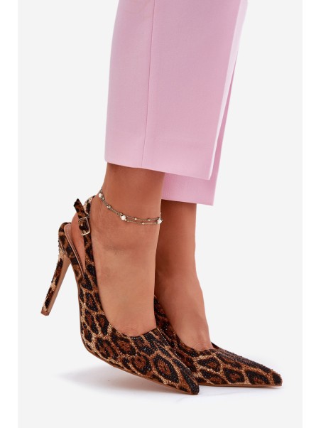 Embellished Stiletto Sandals Leopard Brown Kemonia