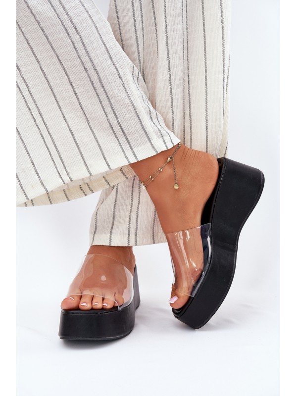 Womens sandals with transparent strap on wedge black Meltiana