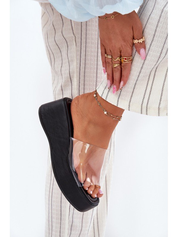 Womens sandals with transparent strap on wedge black Meltiana
