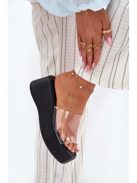 Womens sandals with transparent strap on wedge black Meltiana