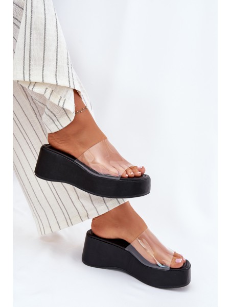Womens sandals with transparent strap on wedge black Meltiana