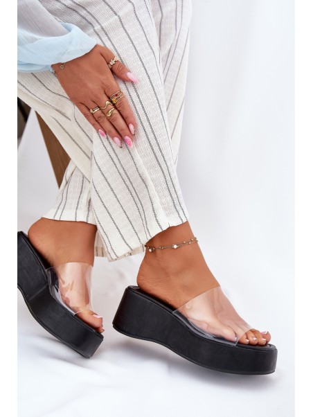 Womens sandals with transparent strap on wedge black Meltiana